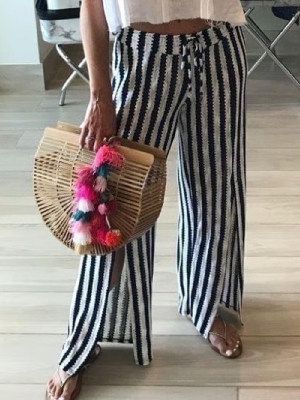 Striped Navy & White Knit Swim Coverup Pants
